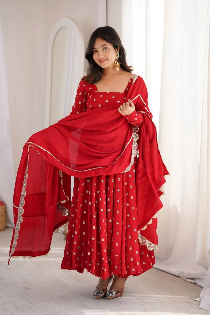 Radiant Crimson Red Flared Anarkali Suit Set Adorned with Delicate Silver Starburst Motifs and an Ornate Scalloped Dupatta